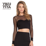 YIKUYIYA 2017 Solid Black Sheer Women T-shirts Long Sleeve Crew Neck Backless Contrast Crop Tops Women Back Cross Soft Sexy Tees