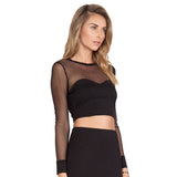 YIKUYIYA 2017 Solid Black Sheer Women T-shirts Long Sleeve Crew Neck Backless Contrast Crop Tops Women Back Cross Soft Sexy Tees