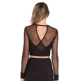 YIKUYIYA 2017 Solid Black Sheer Women T-shirts Long Sleeve Crew Neck Backless Contrast Crop Tops Women Back Cross Soft Sexy Tees
